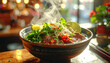 © artho  - Steaming bowl of Pho with herbs and lime on a wooden table in a cozy restaurant setting (76)