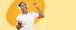 © Prostock-studio - A person is wearing headphones and holding a smartphone while showing happiness. They are dancing and celebrating. The background is a simple color, focusing on the joyful moment.