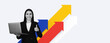© Prostock-studio - A woman stands holding a laptop and gives a thumbs up. Behind her are colorful arrows that point upwards. The setting looks modern and focused on success and growth.