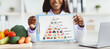 © Prostock-studio - A person holds a clipboard showing a food pyramid during a workshop on nutrition. Fresh vegetables and fruits are on the table. The setting is bright and encourages healthy eating habits.