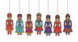 © Naim - Seven traditional Indian puppet dolls, both male and female, showcasing unique colorful clothing, headwear, and facial features, are suspended by strings on a clean white background.