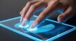 © Hazim - Closeup of hands scanning fingerprints on holographic sensor, blurred background, neon blue light, identity security, sharp focus detail.