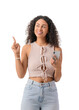 © Pixel-Shot - Beautiful young African-American woman with modern mobile phone pointing at something on white background