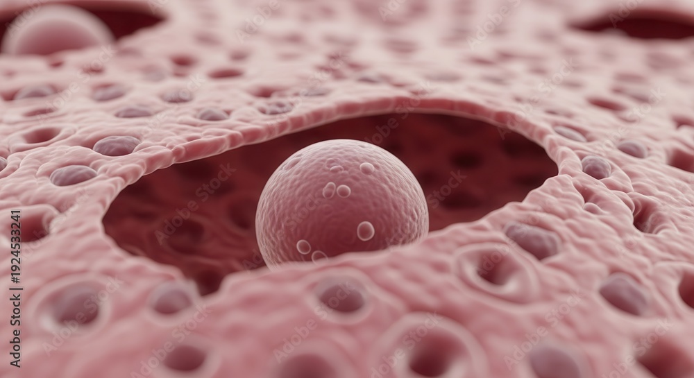 Microscopic view of a cell with nucleus and pores, scientific research ...