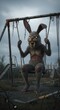 © Ariestia - Terrifyingly monstrous hare creature occupies a decaying playground swing under an overcast sky