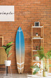 © Pixel-Shot - Chest of drawers, surfboard and shelving unit near brick wall in living room
