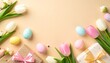© Stephen - Happy easter spring holiday background with colorful pastel eggs and spring blossom flowers. Minimal festive flat lay