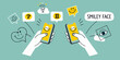 © Dipa - Hands holding phones displaying icons and playful doodle elements
