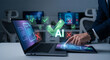 © Qutbudin - Businessman interacting with ai technology on laptop and tablet in modern office