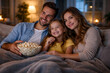 © Moddy - A happy family enjoying popcorn while watching television together on the couch in a cozy home environment. Smiling and relaxed, they create a heartwarming scene.