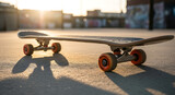 Close-up of skateboard on ground with orange wheels at sunset