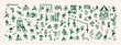 © Paper Trident - Doodle playground with kids. Children play in kindergarten. Tiny people have fun with swings, slides, seesaws and spring riders, ride bikes. Outline hand drawn isolated vector illustration on white