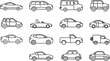 © Mojahid - Large collection of vehicle line icons featuring sedans, SUVs, trucks, and delivery vans in side view profile