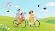 © 沈军 贡 - A family enjoys cycling and kite flying on a sunny spring meadow with green hills, colorful flowers, and flying swallows. A cheerful scene of togetherness and outdoor leisure.