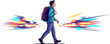 © Black_Studio - Dynamic and energetic backpacker walking rapidly amidst abstract light trails and motion blur in a high-impact vector art style