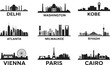 © stock i - Black city skyline silhouette collection featuring Delhi Washington Kobe Atlanta Milwaukee Riyadh Vienna Paris and Cairo with famous world landmarks and geography location errors