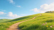 © 沈军 贡 - A winding dirt path through lush green hills, adorned with wildflowers, under a bright blue sky with fluffy clouds. Serene rural landscape, ideal for outdoor exploration.