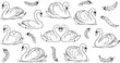 © BushraTech - Line minimalist swans set. Beautiful elegant birds with heart shape necks on white background. Swan in ink victorian romantic style for wedding invitation card design. Hand drawn llustration
