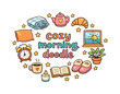 © May - cozy morning doodle. Hand drawn illustration of cozy morning doodle. coffee cup, teapot, croissant, toast,