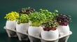 © Helen - Tiny sprouts in cracked eggshells arranged in a carton, a unique way to grow microgreens