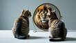 © Ayimonin Materials - Cat looking into mirror with lion reflection, self image and confidence mindset concept for personal growth and leadership on minimal background with copy space