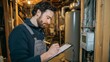 © TensorSpark - Technician performing home energy audit in utility room, inspecting boiler, pipe, and meter while taking notes on clipboard.
