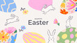 © Tanya Shulga - Happy Easter banner, horizontal poster, greeting card, header for website. Trendy Easter design with typography, hand drawn pattern with Easter eggs, spring flowers and Easter bunny. Modern art style.