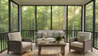 © egavirgian art - Serene Screened Porch Retreat: A tranquil outdoor living space, featuring comfortable seating, a coffee table, and verdant views of the surrounding trees.