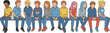 © PINKI - Diverse group of young multiethnic friends and teenagers sitting together on a bench in flat cartoon vector style illustration