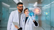 © Rendara Studio - Doctors analyzing AI brain diagnostics interface inside hospital corridor