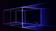© Lustre Art Group  - Futuristic artwork two professionals inside glowing virtual cube environment. Concept of digital workspace, immersive interface, data architecture and technology driven collaboration.