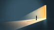 © Lustre Art Group  - Conceptual poster businesswoman walking toward illuminated doorway in dark space. Concept of digital opportunity, innovation breakthrough, strategic growth and technology enabled transformation.