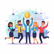 © Izzul - Flat vector illustration of a diverse startup team celebrating success in a modern office