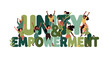 © Sandi - Illustration of diverse people jumping in unity and empowerment typography on white background with green color scheme.