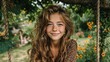 © Natalia - Young girl with curly hair smiling on swing surrounded by flowers