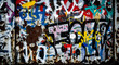 © Luda - Abstract urban texture composition combining layers of peeling rusty metal and vibrant spray paint graffiti tags. Grunge aesthetic, decay meets street art, rough and colorful.