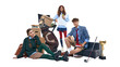 © Lustre Art Group  - Teenage students in preppy school outfits with golf bag books and trophy isolated on white. Concept of teen fashion, preppy style, academic lifestyle, youth achievement and back to school campaign.