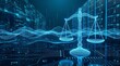 © geny - Digital balancing scale justice, fairness in modern technology environment. Holographic scales balance on illuminated datum background of ai circuitry. Innovation concept in abstract futuristic