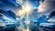 © taeh - A scenic panoramic view of an icy landscape. Sun rays pierce through clouds, illuminating glaciers and mountains. Icy water