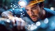© keks20034 - Miner using pickaxe to extract minerals in dark underground cave