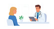 © Afsana - A male doctor uses a tablet while consulting with a blonde female patient at a desk in a bright office on a white background.