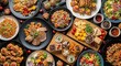 © Faiqa - A vibrant assortment of international cuisines and festive dishes arranged on a dark background with various plates and serving boards, viewed from directly above.