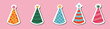 © Bright Sun - Set of stickers with hand drawn birthday doodle for planners, notebooks. Ready for print list of cute stickers with party cone and Christmas cap. Simple birthday party hat in bright color.