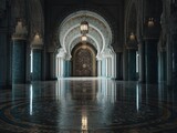 A large room with a large archway and a large door