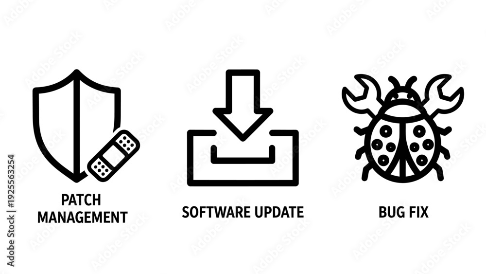 Icons for patch management, software update, and bug fix, security and ...