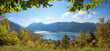 © SusaZoom - viewpoint Haiderdenkmal, hiking destination Schliersee, framed by green leaves, bavarian alps