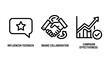 © Mehedi - Business strategy icons: influencer feedback, brand collaboration handshake, and campaign effectiveness graph showing growth and success