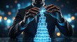© Add - Businessman Stacking Digital Blockchain Cubes in a Futuristic Setting