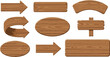 © Sujon Shah - Collection of blank wooden signs and arrow pointers in various shapes including oval, rectangular, and curved designs isolated on a white background.