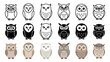 © Sophia - Large collection of stylized owl icons presented in three different graphic styles including simple line art, solid black silhouette, and modern flat color vector illustrations